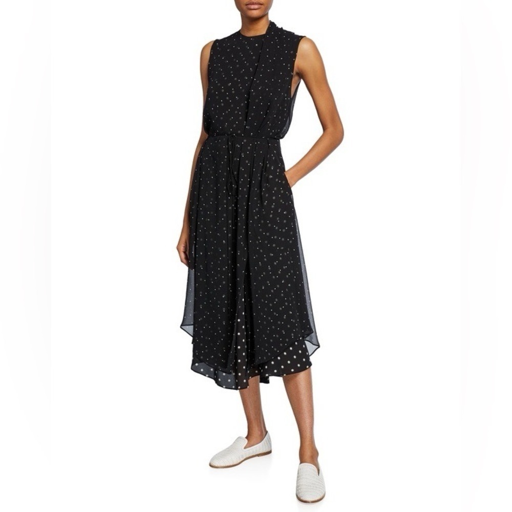VINCE‎ Polka Dot Midi Dress Black White Layered Tie Waist Size XS Sleeveless NWT